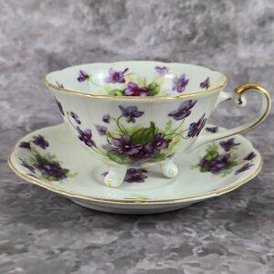 VTG Lefton China Hand Painted Cup & Saucer Purple Violets Scalloped Edge Gold